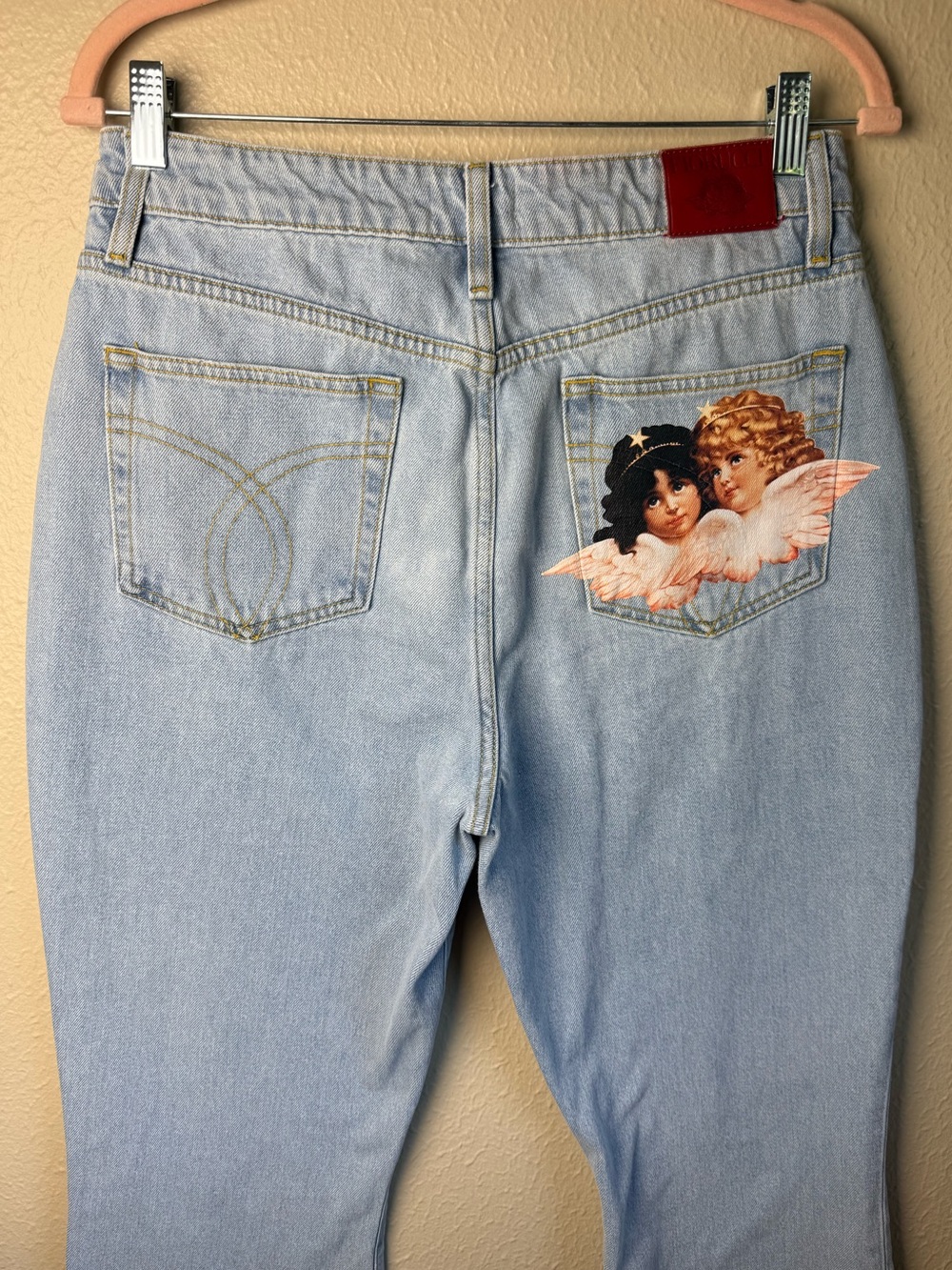 Fiorucci Light Blue Denim Wide Leg Jeans with Cherub Pocket Patch - Picture 3 of 12